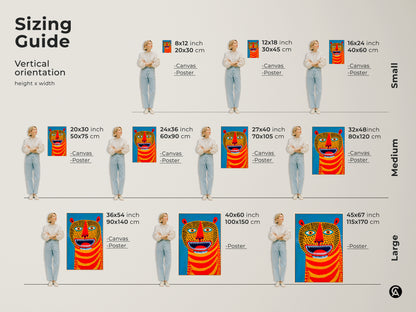 Sizing guide for the folk art tiger canvas and poster prints is shown. Vertical orientation height x width shows small medium and large sizes. The modern abstract artwork in bold colors will make a statement wherever displayed.