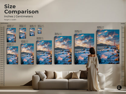 Size comparison of Golden Gate Bridge art in inches and centimeters. This teal and orange ocean waves artwork is shown in various sizes. It is ideal for adding a contemporary touch to any living room decor.