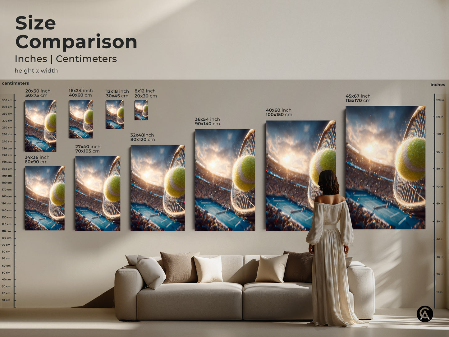Size comparison of tennis artwork. See how different sizes look in a living room. Choose from canvas and poster prints. Artwork is available in a variety of sizes. Find the perfect fit for your space.