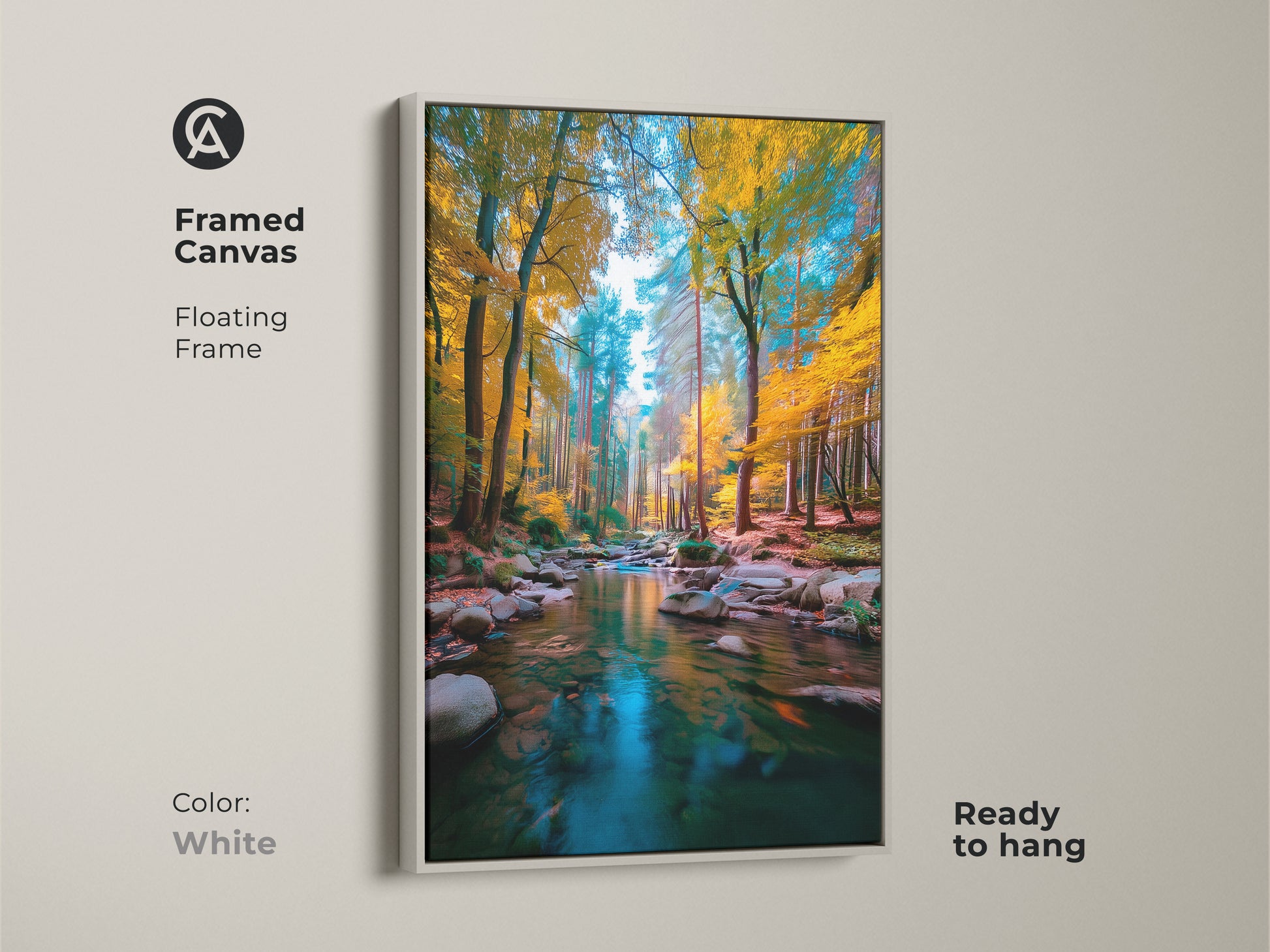 Brighten your space with this framed canvas art. The white floating frame enhances the forest stream artwork. This ready to hang piece adds a fresh touch to any room. The serene scene brings the tranquility of nature into your home.