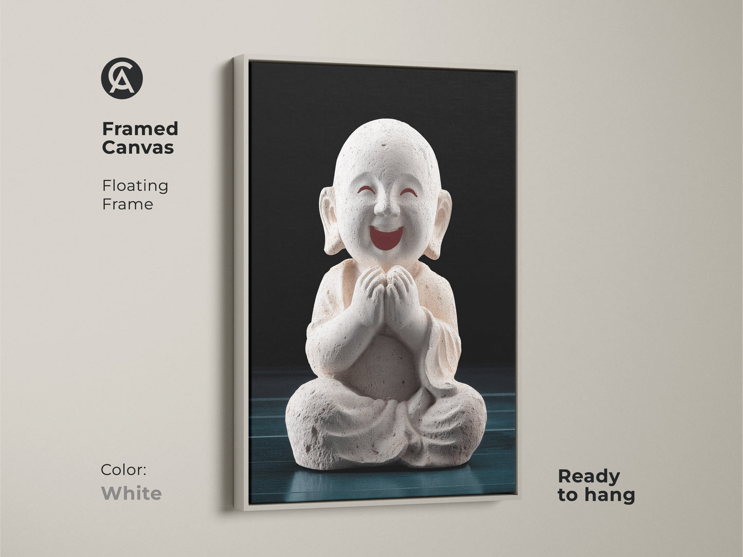 Framed Canvas featuring Minimalist Buddha Wall Art in a white floating frame. This namaste wall hanging is ready to hang. Perfect as yoga studio wall art that is a contemporary spiritual art.