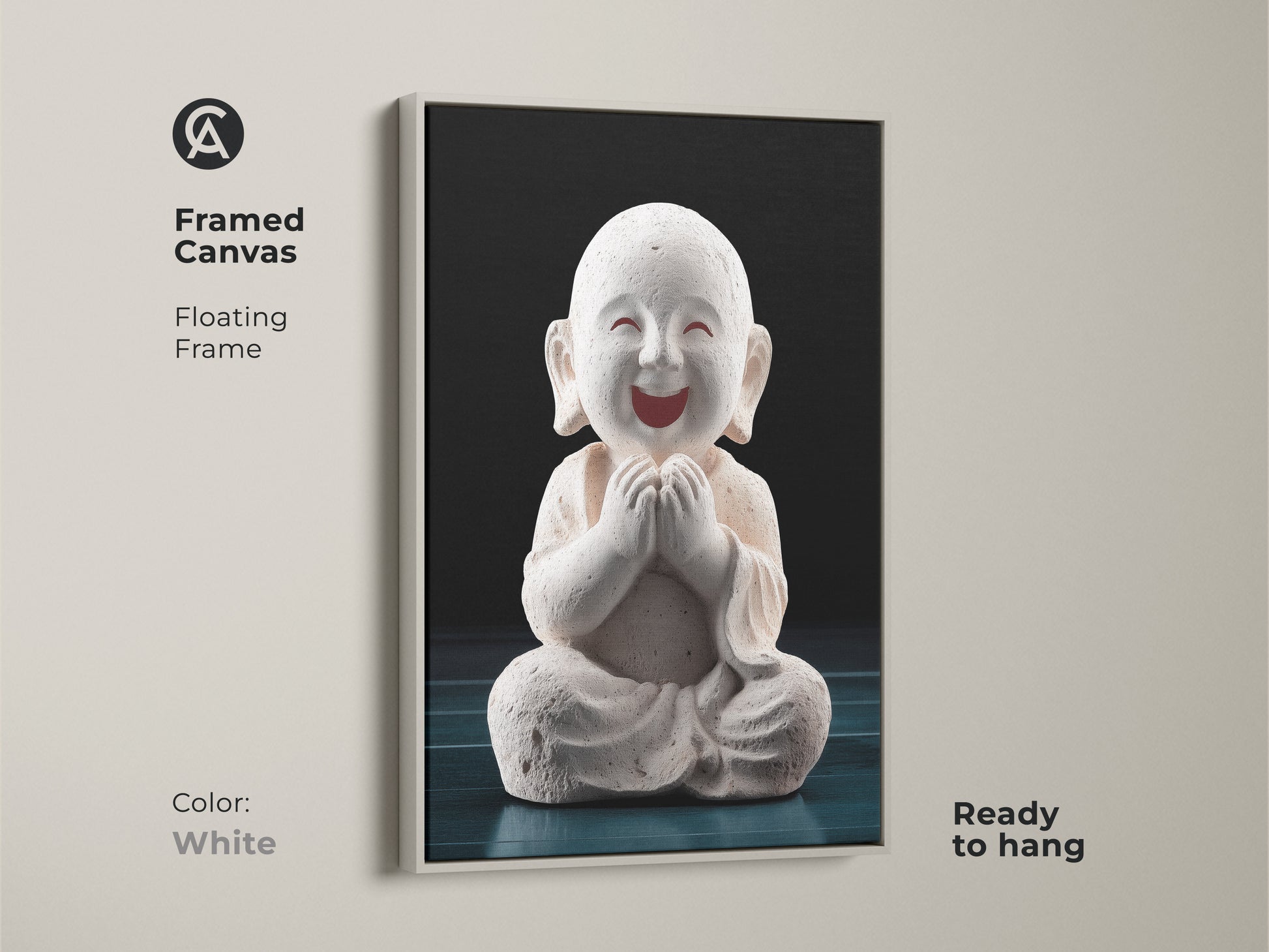 Framed Canvas featuring Minimalist Buddha Wall Art in a white floating frame. This namaste wall hanging is ready to hang. Perfect as yoga studio wall art that is a contemporary spiritual art.