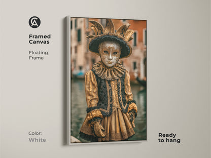 An ornate Venetian Jester Costume Artwork with white frame. This Framed Canvas art features a floating frame. The gold and black Masquerade Mask Canvas Print is ready to hang. This Baroque Wall Art brings a unique festive spirit to any space.