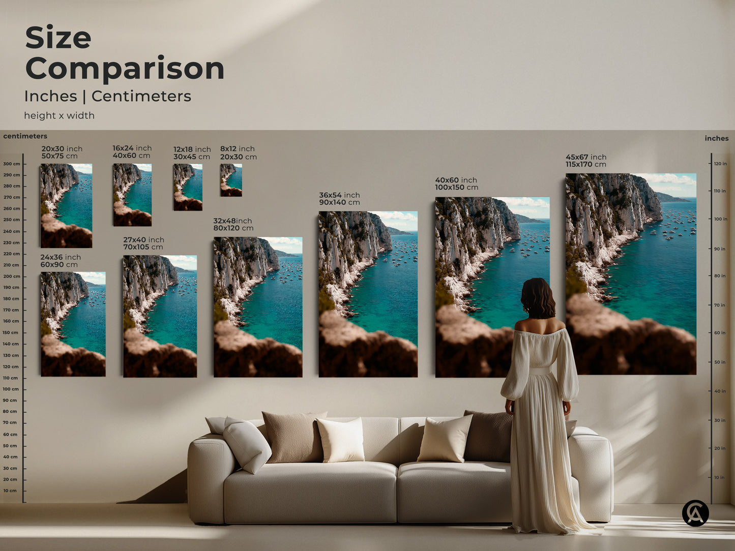 Size comparison of inches & centimeters for coastal art. See the deep blue ocean canvas in various dimensions. This seascape landscape artwork can transform any living space. Choose the ideal size for your wall. It features a calming coastal scene.