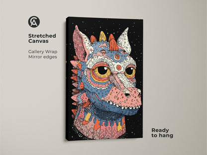 Stretched canvas gallery wrap showcasing a pop surrealism creature print. The eclectic teal pink blue art features a fantasy dragon wall art piece for a unique bedroom decor.
