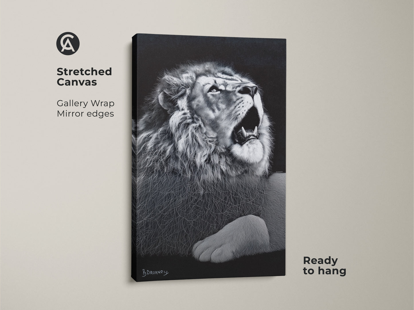 Stretched monochrome lion canvas artwork. This gallery wrapped wildlife decor with mirror edges is ready to hang. It's suited for a contemporary bedroom or office. Consider this as a gift.