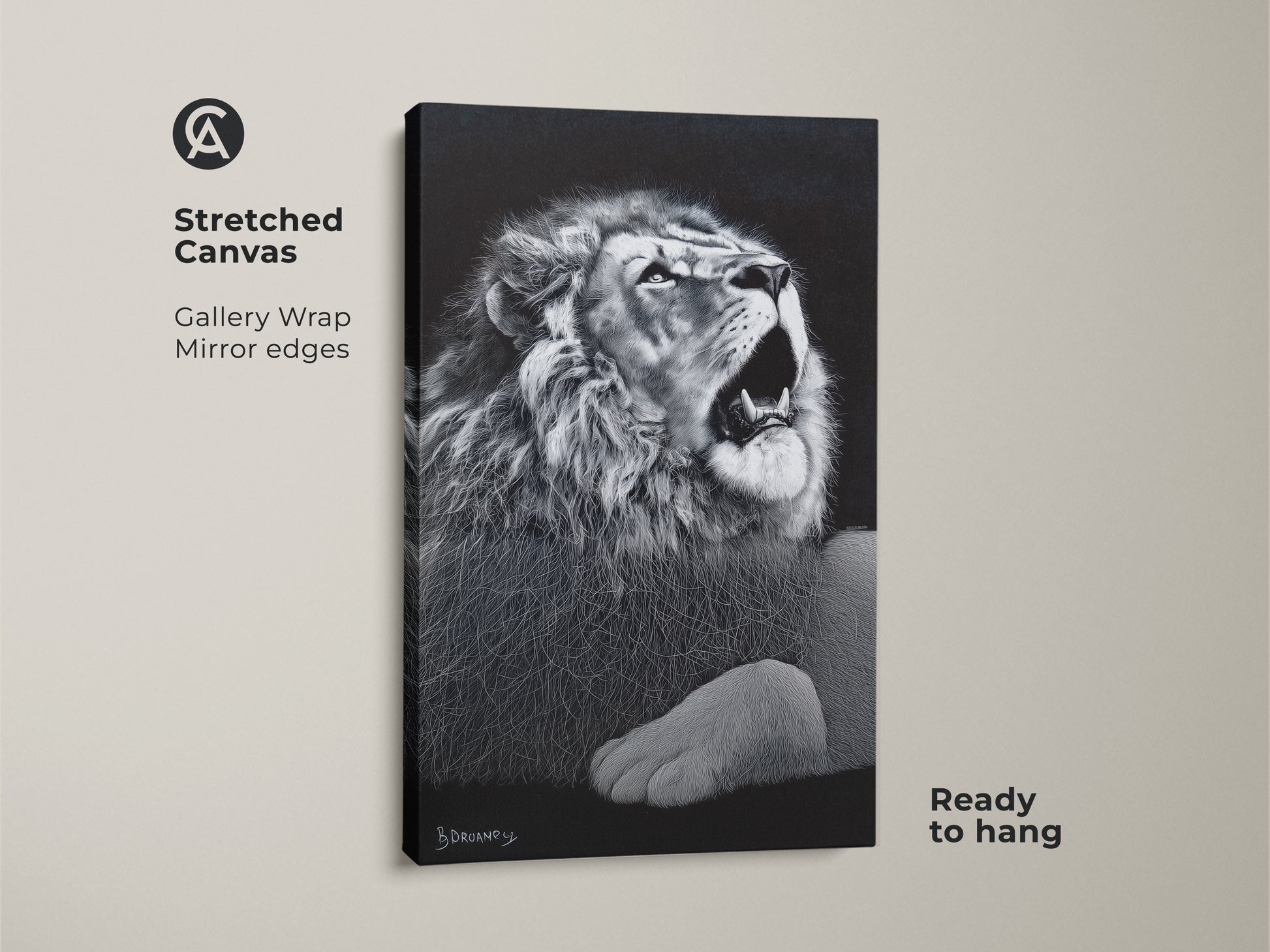 Stretched monochrome lion canvas artwork. This gallery wrapped wildlife decor with mirror edges is ready to hang. It's suited for a contemporary bedroom or office. Consider this as a gift.