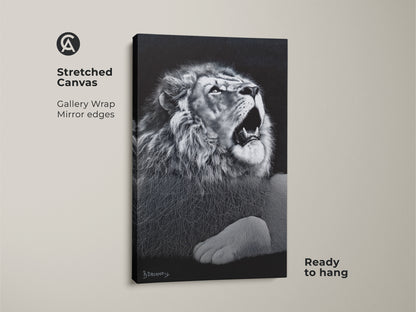 Stretched monochrome lion canvas artwork. This gallery wrapped wildlife decor with mirror edges is ready to hang. It's suited for a contemporary bedroom or office. Consider this as a gift.