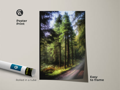 Poster print of a rustic forest path with emerald green pine trees. Easy to frame nature artwork. Rolled in a tube for protection. Ideal nature artwork for bedroom decor. It captures the tranquility of a woodland scene.