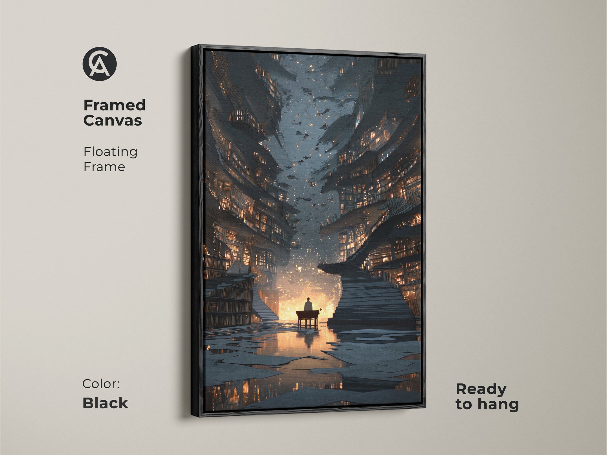 Framed canvas of surreal library artwork with a black floating frame. This digital art print is ready to hang. The fantasy bookstore canvas adds an eclectic touch to any study. This gold blue tone artwork is unique.