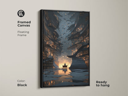 Framed canvas of surreal library artwork with a black floating frame. This digital art print is ready to hang. The fantasy bookstore canvas adds an eclectic touch to any study. This gold blue tone artwork is unique.