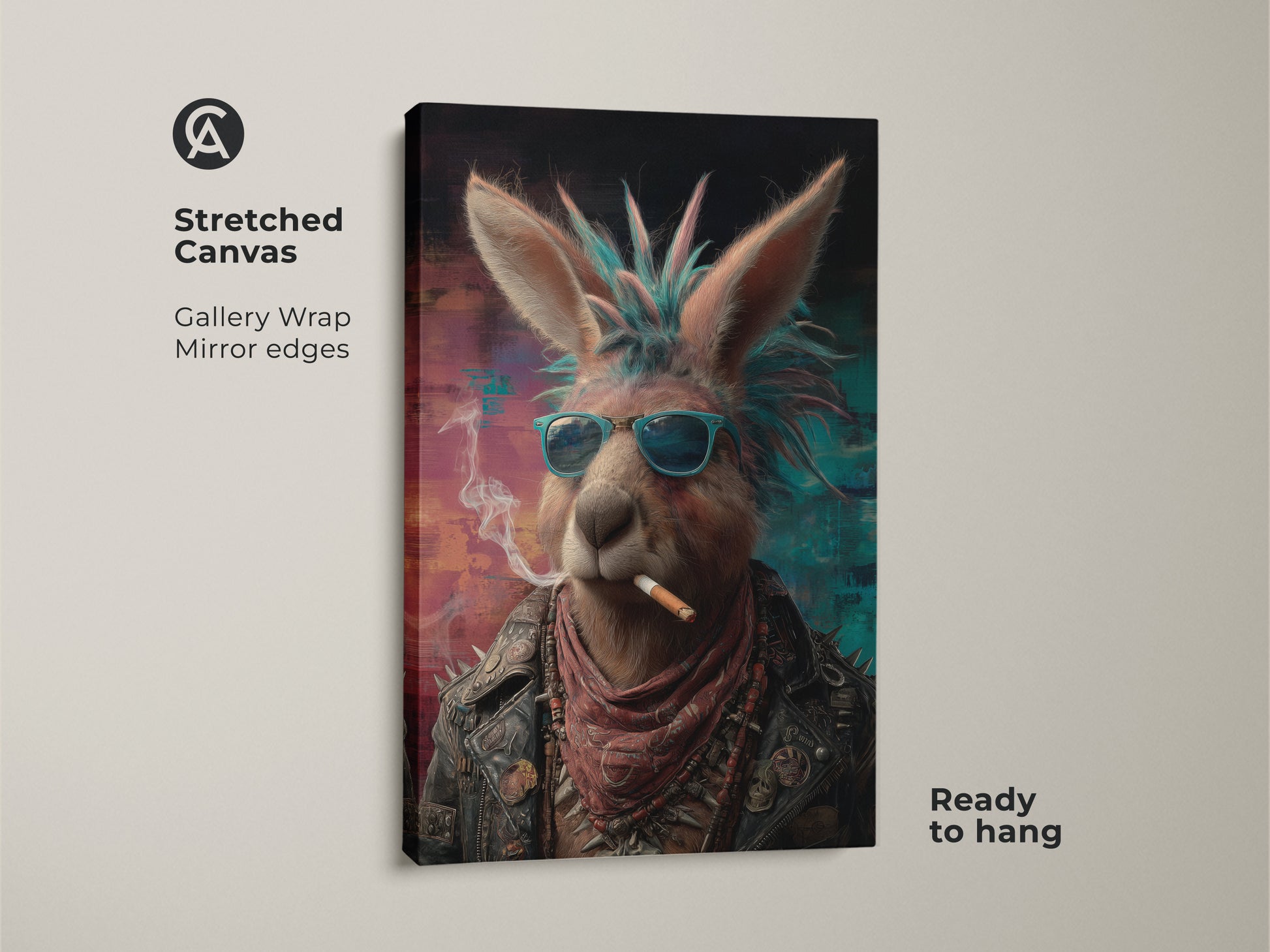 A stretched canvas gallery wrap of a Punk Kangaroo art print is shown. It's ready to hang with mirror edges. The artwork features a kangaroo in a leather jacket and sunglasses. This rocker animal canvas print is ideal for man cave decor art. It is a great birthday gift for a music lover. The urban eclectic art style includes a vibrant teal and pink color palette.