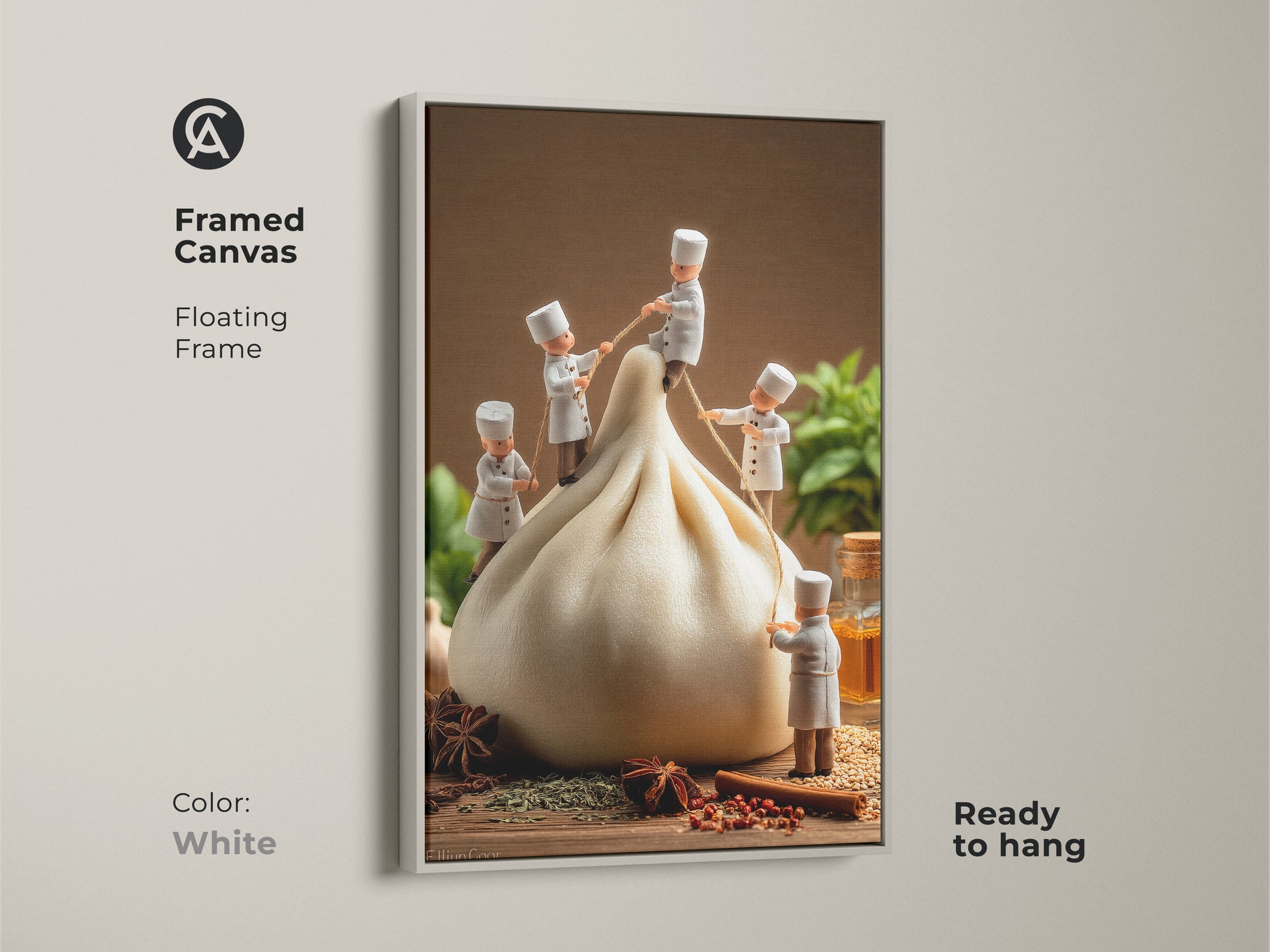White framed canvas art print of chefs and a dumpling. The floating frame complements this playful food artwork. The print is ready to hang brightening your kitchen space. The white frame offers a clean modern look. A unique wall art piece for culinary-themed interiors.