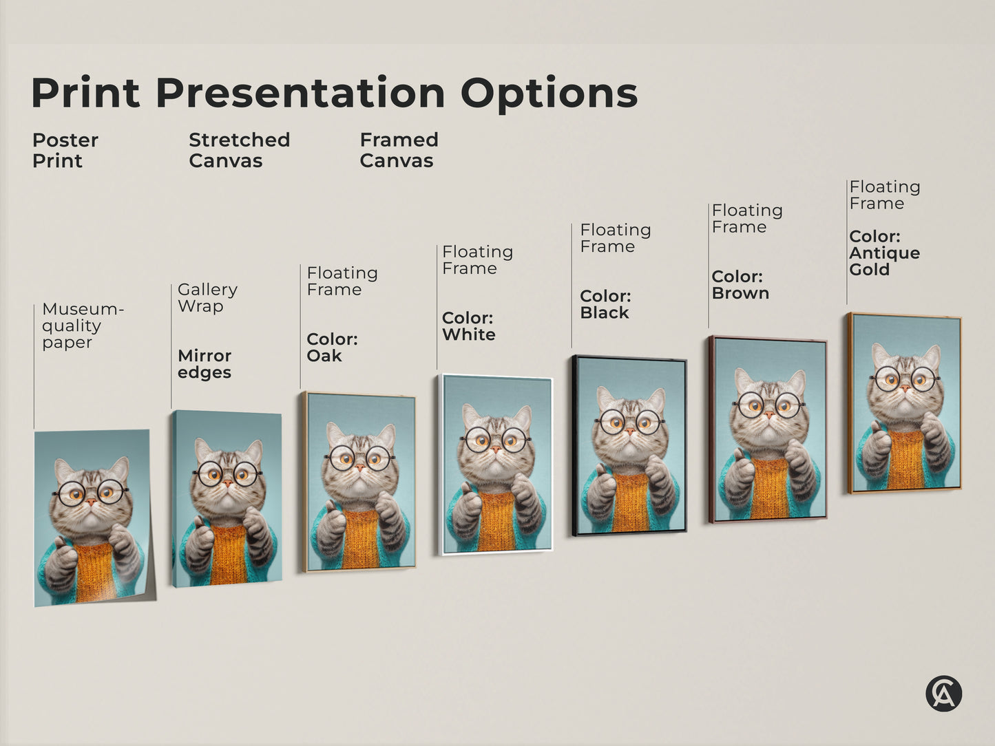 Explore print presentation options with this quirky cat art. See the poster print stretched canvas and framed canvas options. Find the perfect style for your funny animal canvas art. Choose from floating frames in black brown antique gold and white. Decorate with this eclectic home decor today.