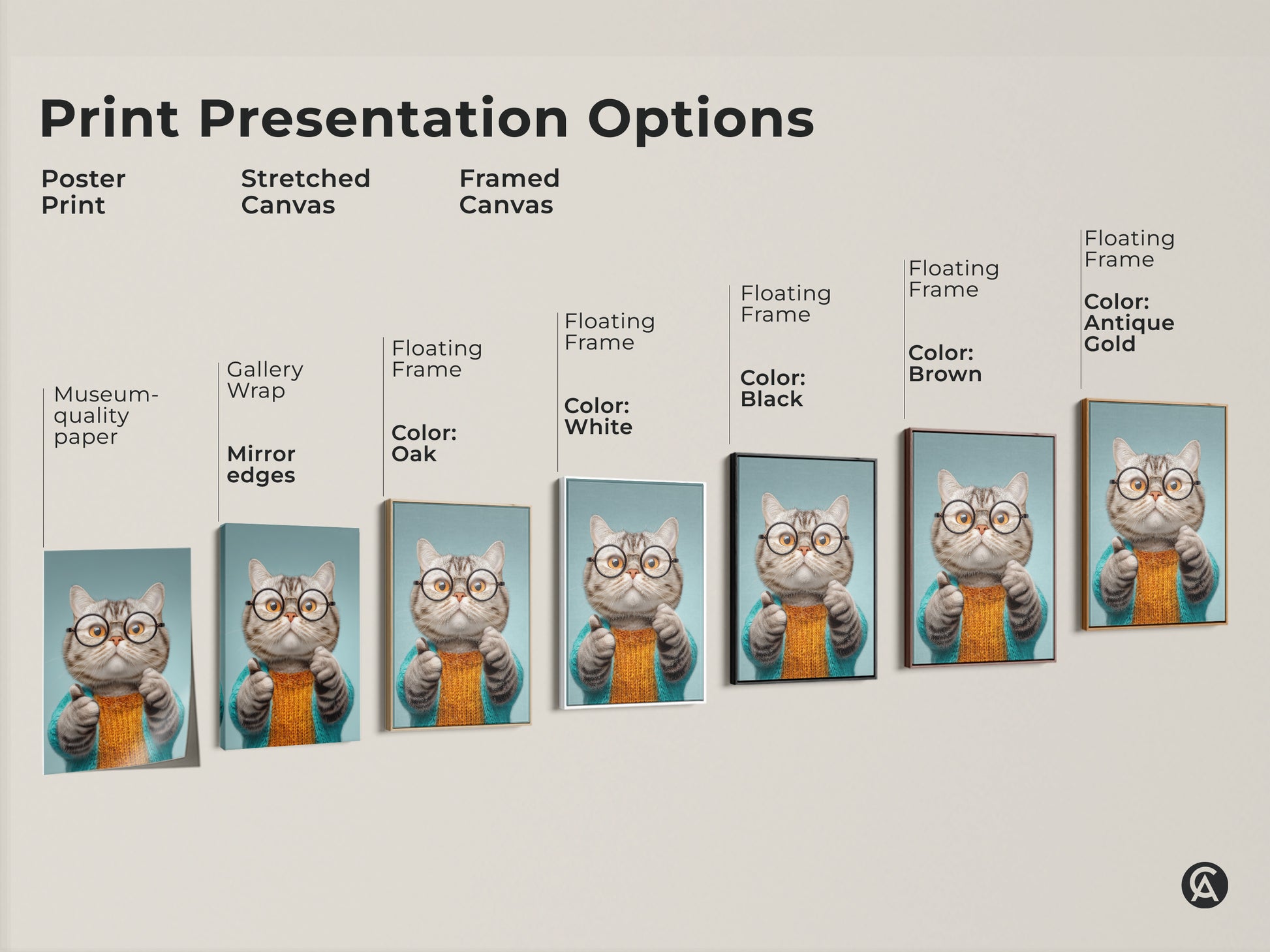 Explore print presentation options with this quirky cat art. See the poster print stretched canvas and framed canvas options. Find the perfect style for your funny animal canvas art. Choose from floating frames in black brown antique gold and white. Decorate with this eclectic home decor today.