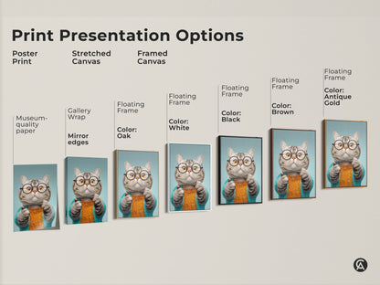 Explore print presentation options with this quirky cat art. See the poster print stretched canvas and framed canvas options. Find the perfect style for your funny animal canvas art. Choose from floating frames in black brown antique gold and white. Decorate with this eclectic home decor today.