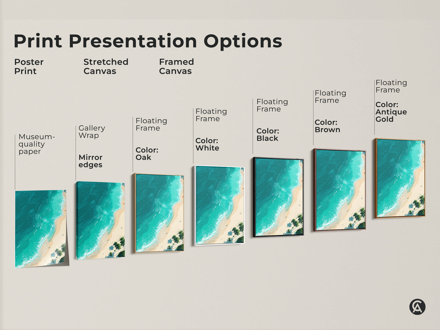 Explore print presentation options for beach artwork. Choose from poster prints stretched canvas and framed canvas. Customize your wall art with floating frames in various colors. Find the perfect piece to complement your home decor. Museum-quality prints with gallery wrap and mirror edges available.