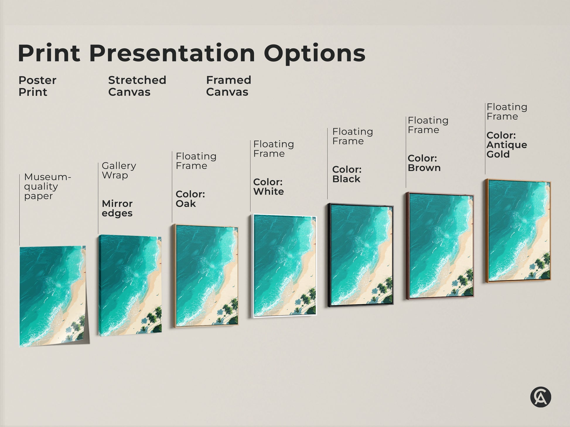 Explore print presentation options for beach artwork. Choose from poster prints stretched canvas and framed canvas. Customize your wall art with floating frames in various colors. Find the perfect piece to complement your home decor. Museum-quality prints with gallery wrap and mirror edges available.