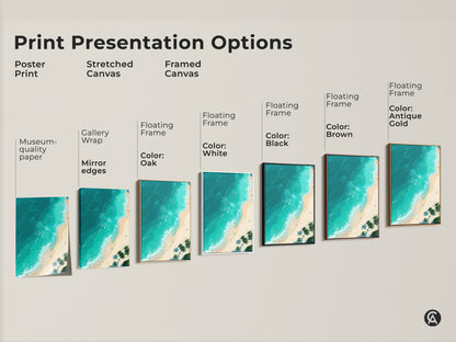 Explore print presentation options for beach artwork. Choose from poster prints stretched canvas and framed canvas. Customize your wall art with floating frames in various colors. Find the perfect piece to complement your home decor. Museum-quality prints with gallery wrap and mirror edges available.