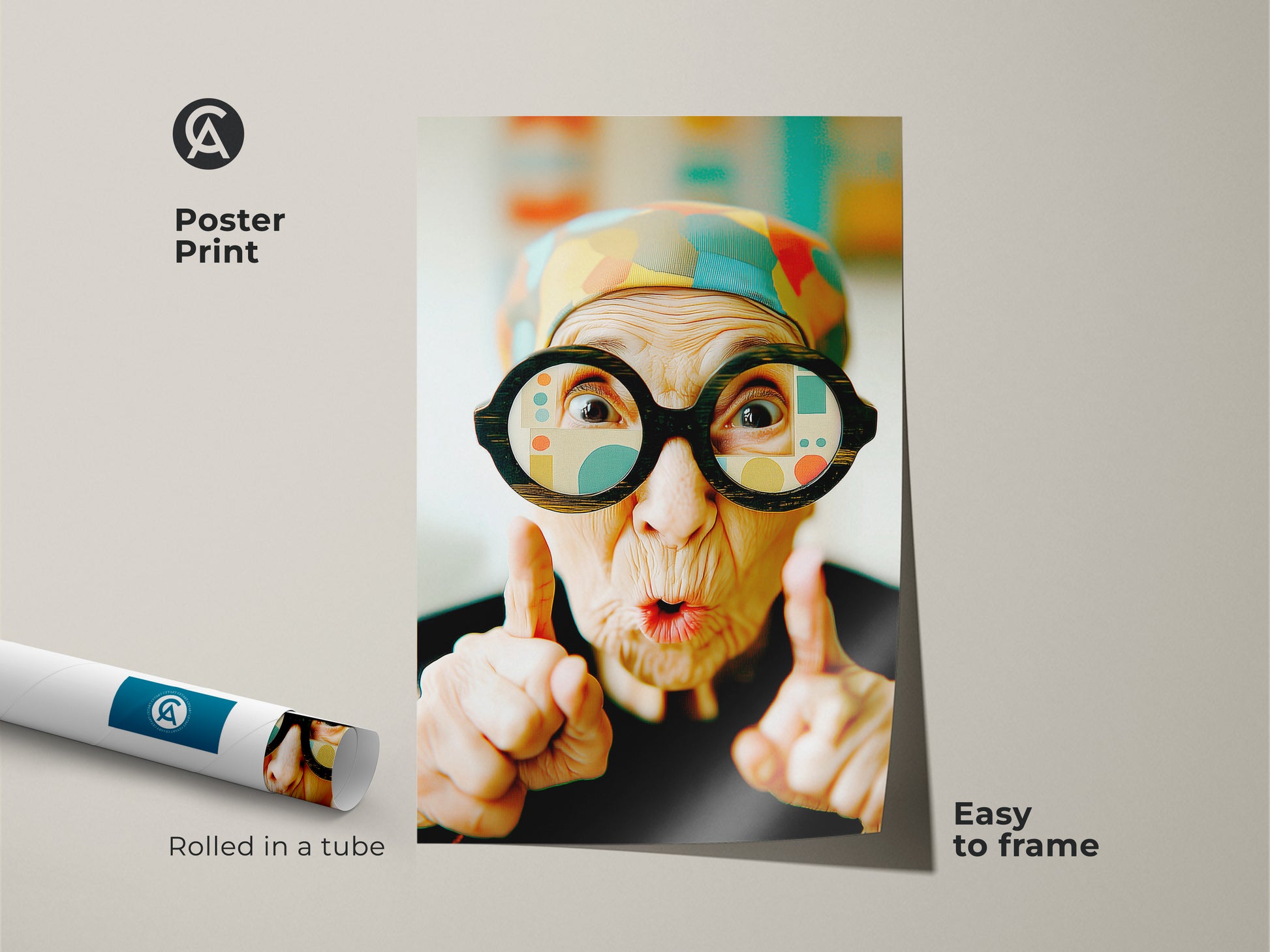 Poster print featuring an elderly woman with quirky glasses. The art is rolled in a tube for easy framing. It is a fun and unique wall decor option. Get your ready-to-frame poster art today. This art will add a smile to your face.