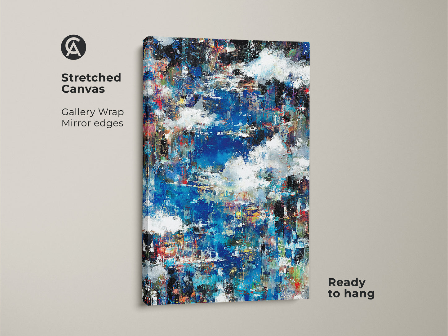 Stretched canvas featuring abstract art. The artwork has gallery wrapped edges. Mirror edges enhance the depth of the piece. Ready to hang and enjoy. Perfect for modern art lovers. This beautiful piece will enhance your home decor.