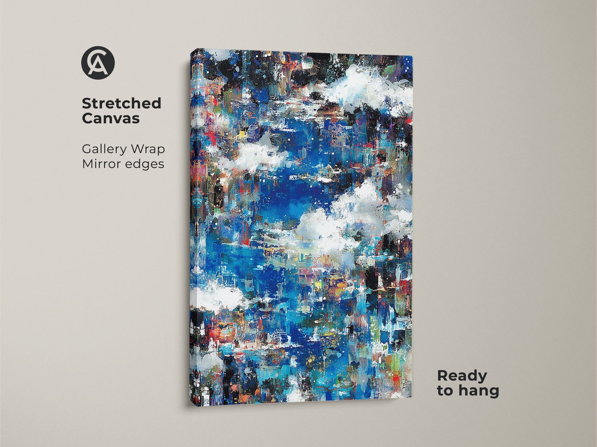 Stretched canvas featuring abstract art. The artwork has gallery wrapped edges. Mirror edges enhance the depth of the piece. Ready to hang and enjoy. Perfect for modern art lovers. This beautiful piece will enhance your home decor.