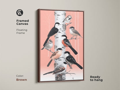 A framed canvas featuring birds perched on a birch tree in Scandinavian folk art style. The brown floating frame complements its soft coral and white hues. Ready to hang this nature-inspired artwork brings a touch of rustic charm. It is perfect for bird lovers. This animal-themed decor enhances any living space.