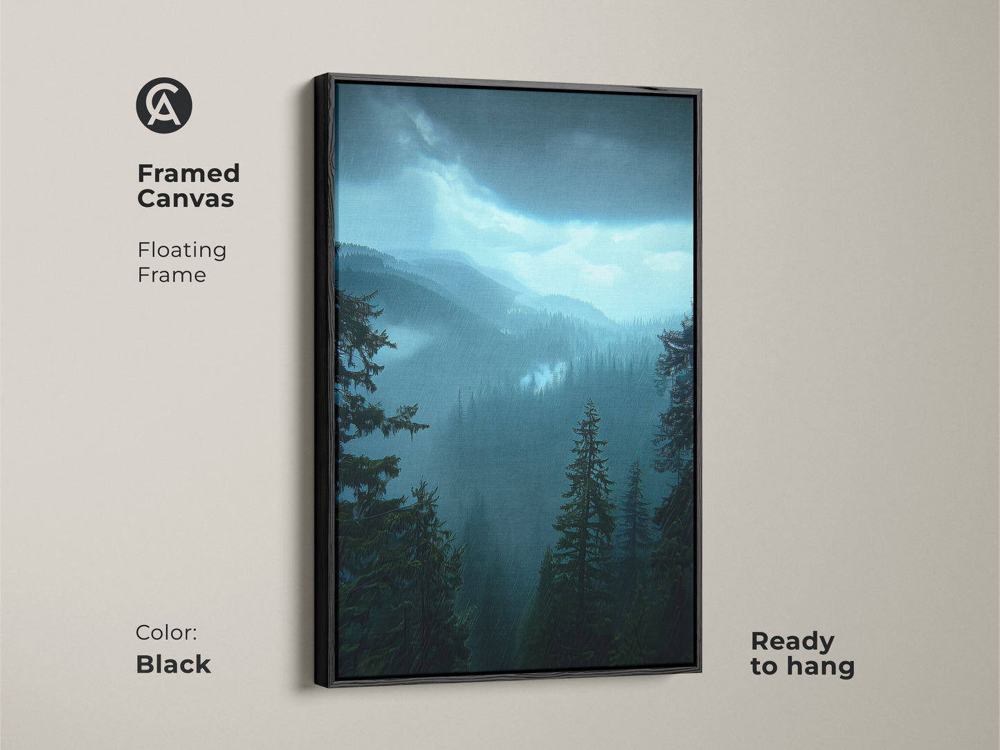 Deep blue landscape print of a mountain forest in a black floating frame. This framed canvas is ready to hang. This rustic home decor art is an outdoor lover gift idea. Nature scene wall hanging for hiker's paradise. Teal forest artwork for bedroom wall decor.