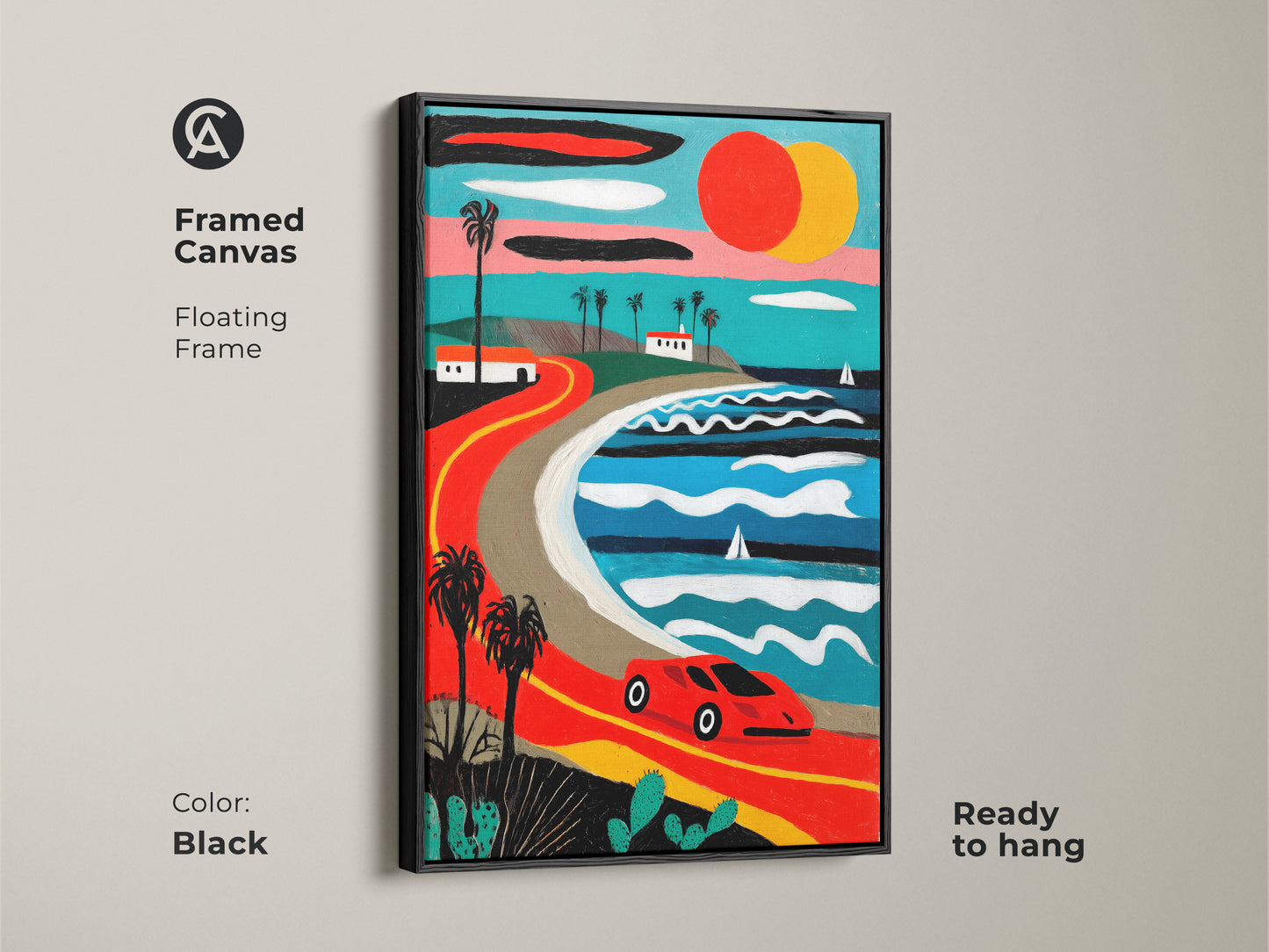 Framed canvas in black displays retro coastal road trip art. A vintage car drives along a palm-lined road with ocean views. Mid-century modern artwork adds a pop of color. Ready to hang it is perfect for travel lovers and car enthusiasts.