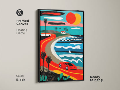 Framed canvas in black displays retro coastal road trip art. A vintage car drives along a palm-lined road with ocean views. Mid-century modern artwork adds a pop of color. Ready to hang it is perfect for travel lovers and car enthusiasts.