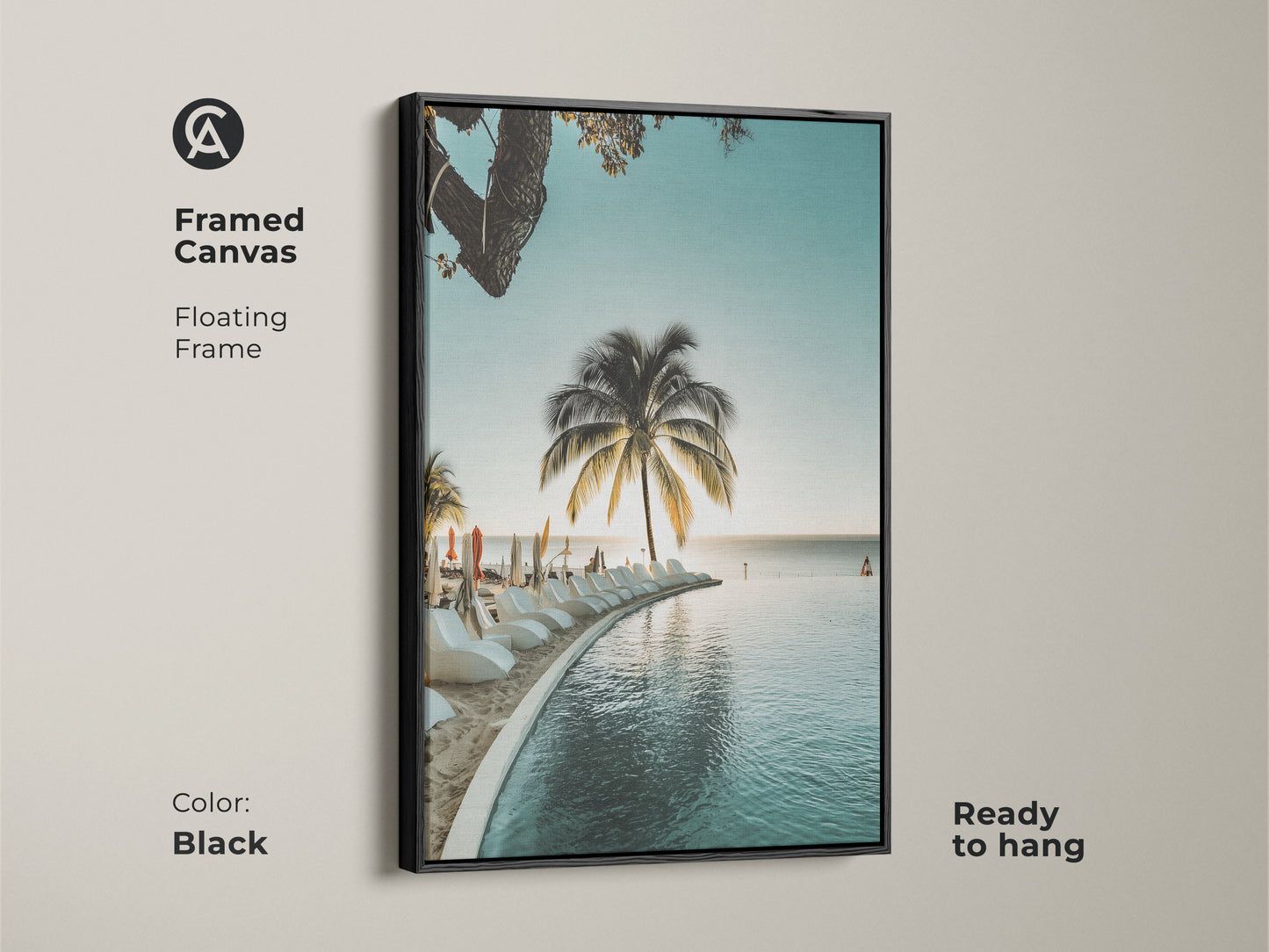 Black framed canvas of a tropical palm tree overlooking an infinity pool. This coastal artwork adds a serene touch to any room. Ready to hang and enjoy the relaxed summer vibes. Perfect for coastal bedroom decor.