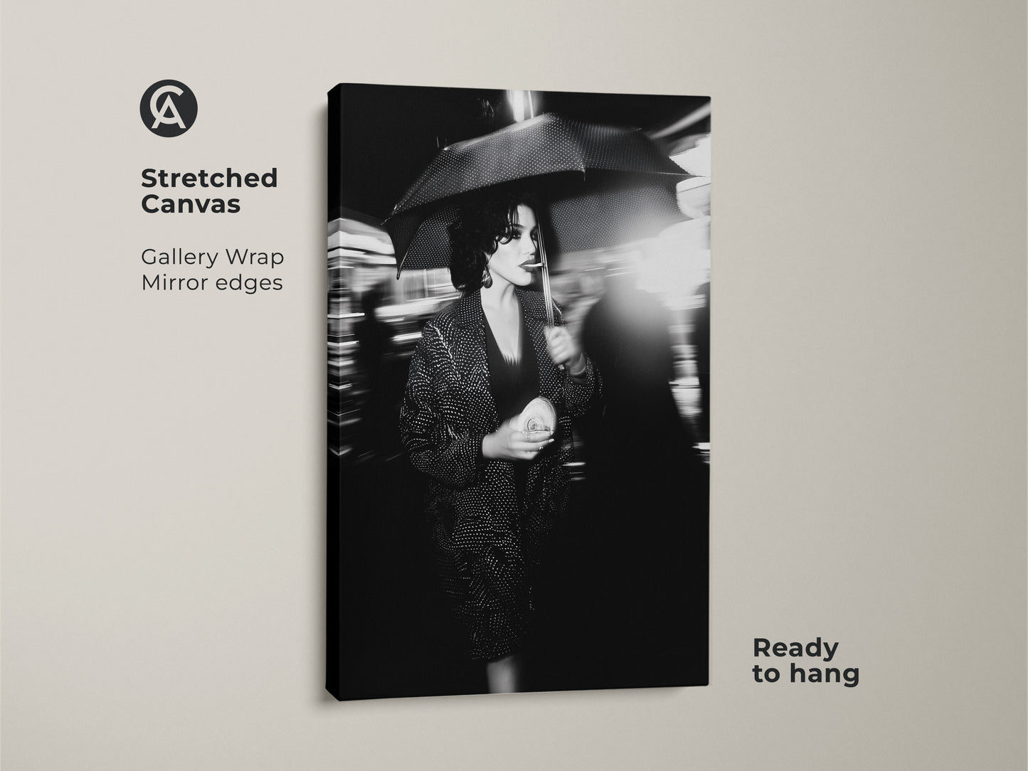 Elevate your space with this monochrome woman canvas art. The stretched canvas features a gallery wrap with mirror edges. It arrives ready to hang. This street photography print showcases a woman with an umbrella. It is ideal for fashion wall decor. Add urban chic to any room.