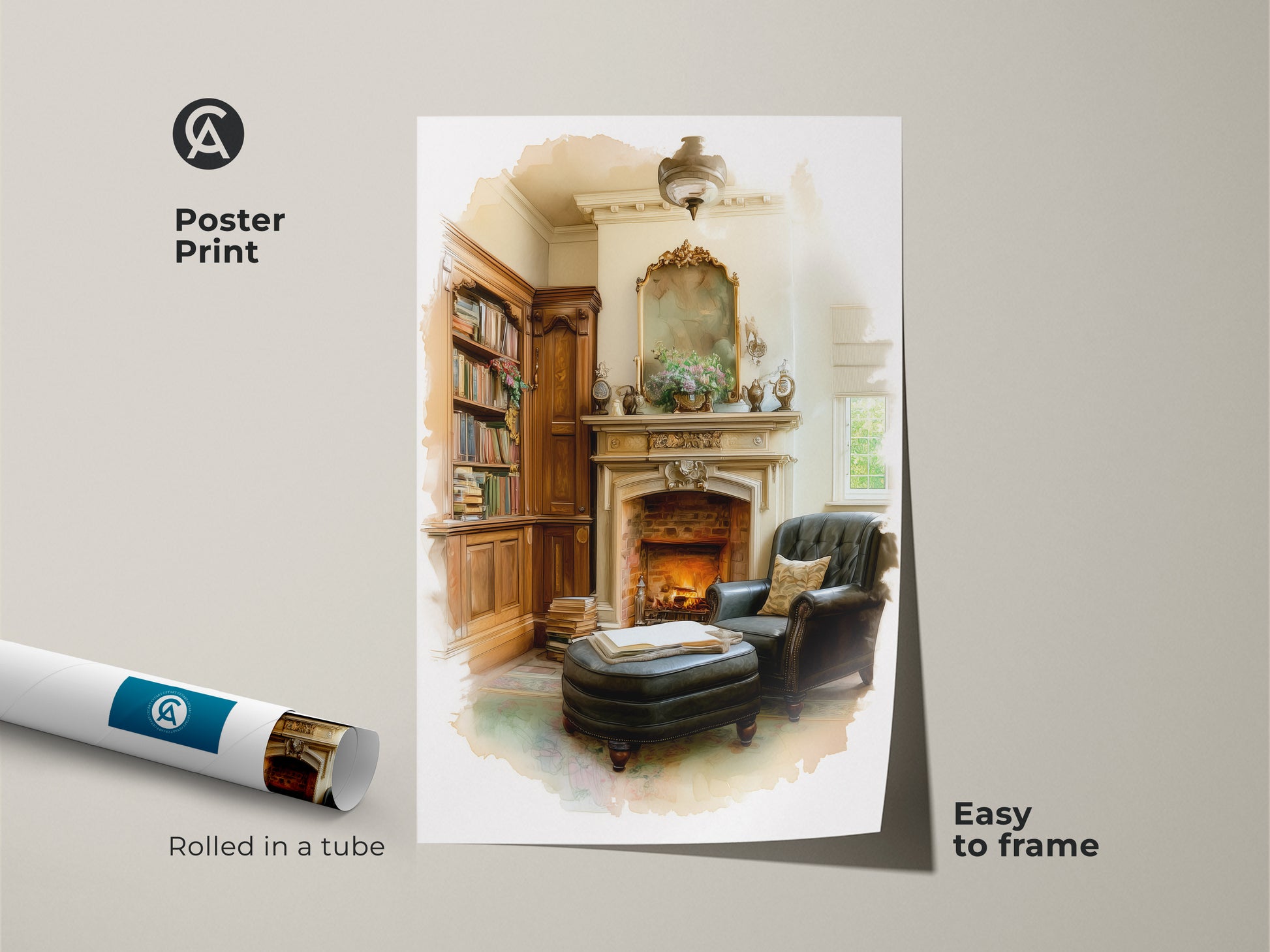 Poster print of a cozy library scene with a warm fireplace and classic armchair. The artwork is rolled in a tube for easy framing. A perfect gift art for book lovers appreciating traditional study decor. This vintage study wall art adds sophisticated charm to any living room. Ideal for a comfortable reading nook.