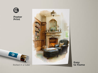 Poster print of a cozy library scene with a warm fireplace and classic armchair. The artwork is rolled in a tube for easy framing. A perfect gift art for book lovers appreciating traditional study decor. This vintage study wall art adds sophisticated charm to any living room. Ideal for a comfortable reading nook.