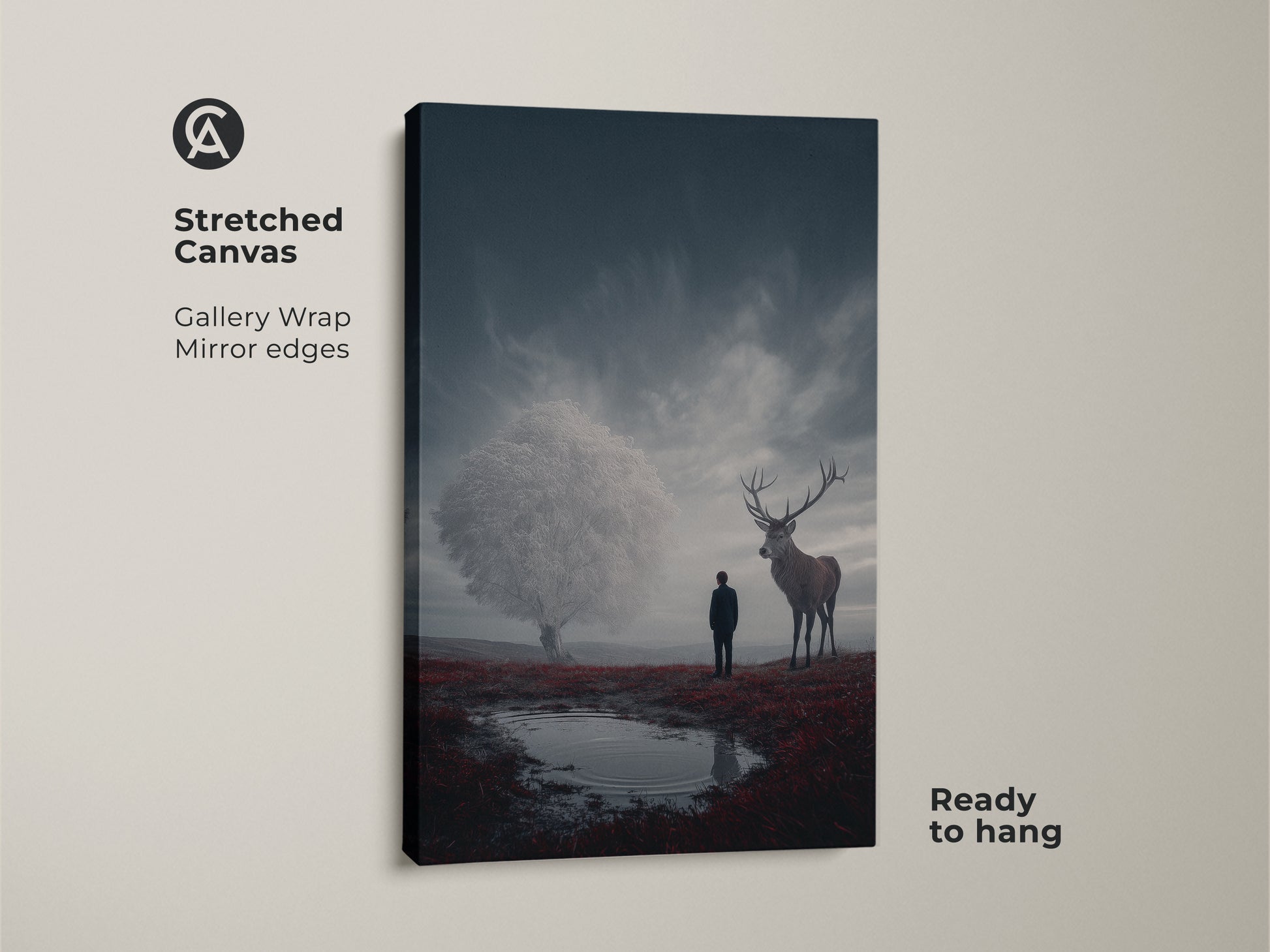A stretched canvas shows mystical fantasy wall art decor. A lone figure stands in a nature canvas art. Crimson colors are visible in this eclectic bedroom wall art decor. This gallery wrapped canvas has mirrored edges and is ready to hang.
