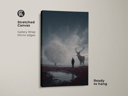 A stretched canvas shows mystical fantasy wall art decor. A lone figure stands in a nature canvas art. Crimson colors are visible in this eclectic bedroom wall art decor. This gallery wrapped canvas has mirrored edges and is ready to hang.