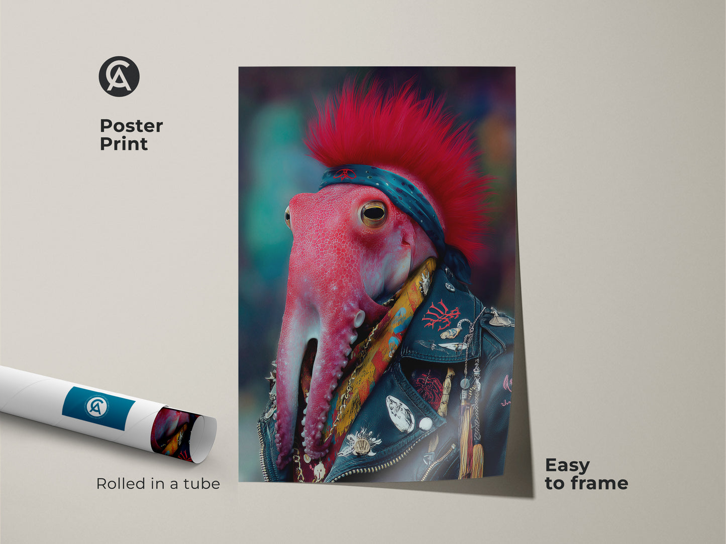Poster Print of a Punk Rocker Octopus. This surreal animal art print is an easy-to-frame piece. Rolled in a tube for safe shipping this adds edgy pop culture to your home.