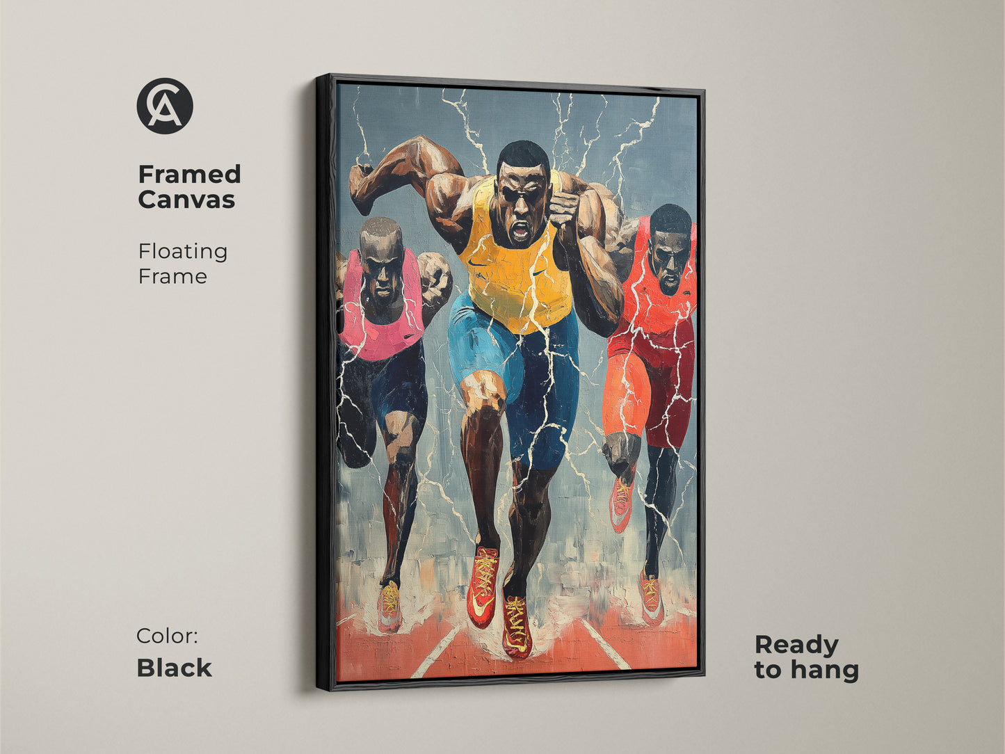 Framed canvas featuring dynamic running canvas art. Black floating frame enhances the expressionist sports print. Ready to hang. Perfect motivational art for a gym or sports bar. Get inspired today!
