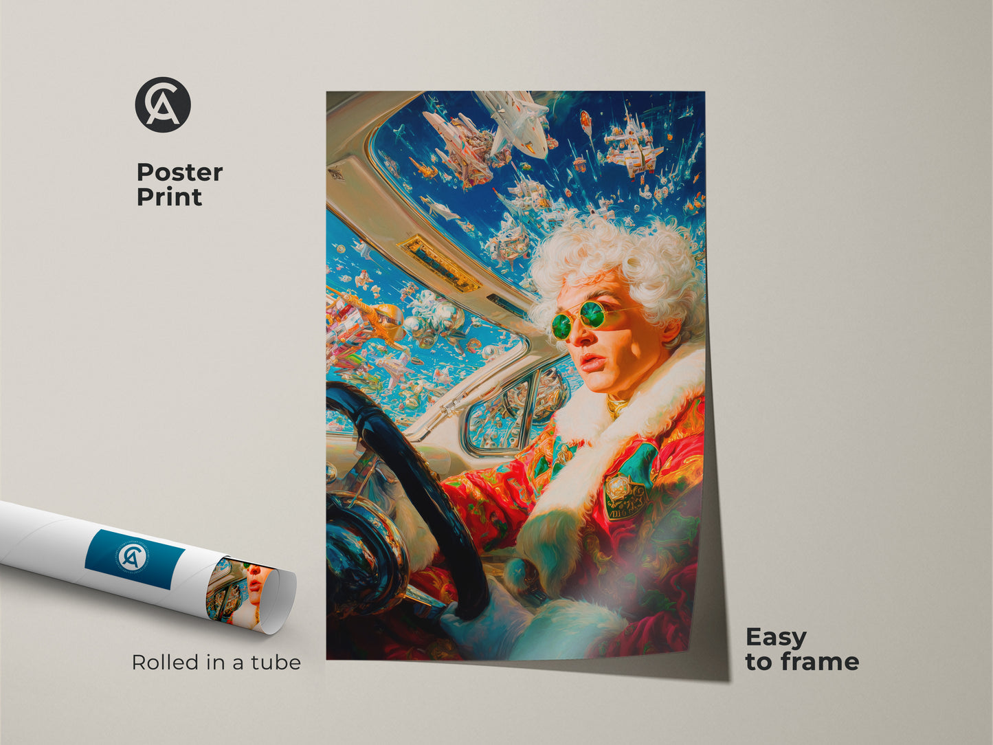 The artwork is available as a poster print. It shows a woman driving a car with a sky full of spaceships. Easy to frame. This poster print is a great option for adding a touch of whimsy to your wall decor.