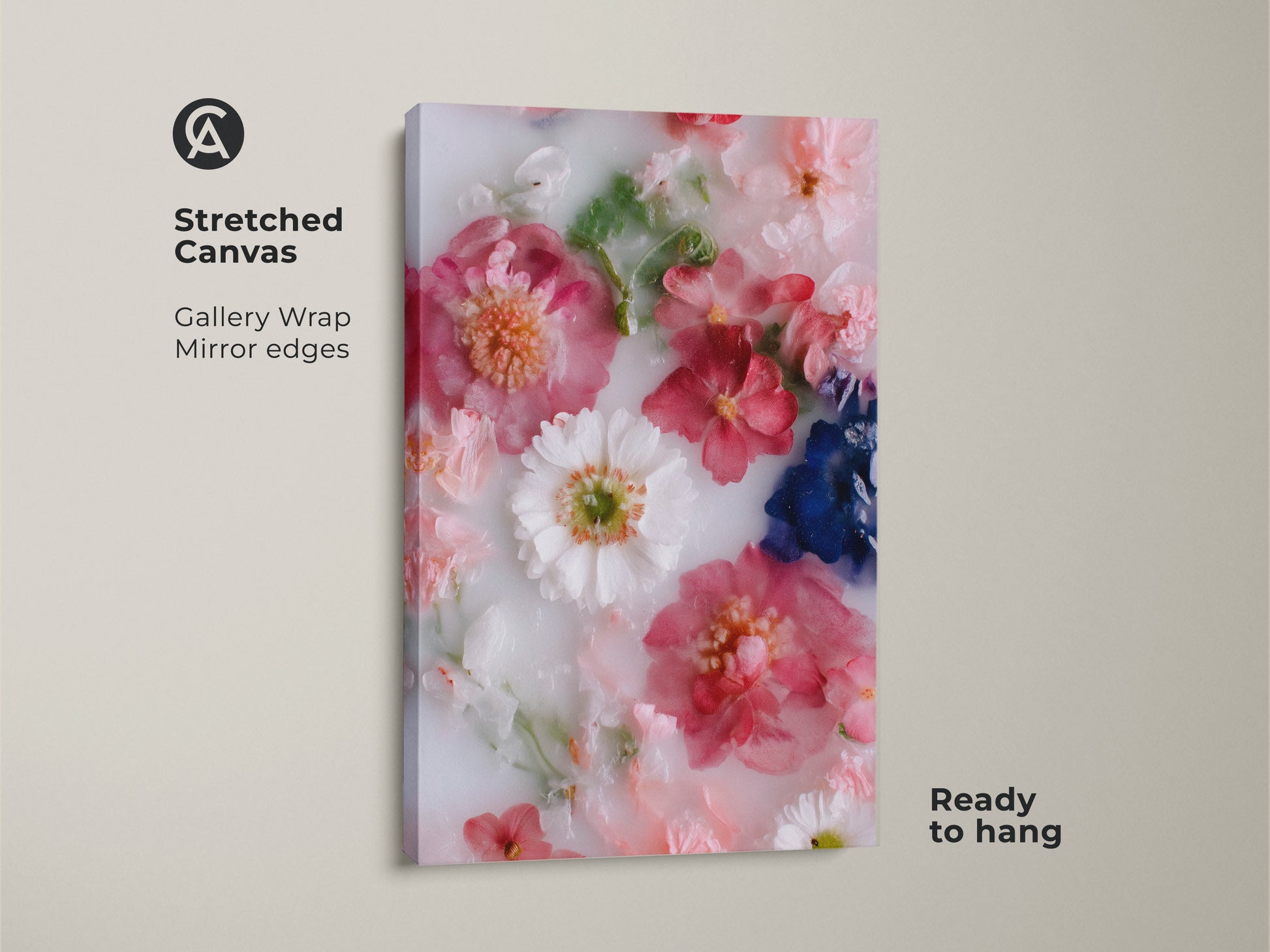 Stretched canvas featuring a modern botanical art print with pink and white flowers. The gallery wrap with mirror edges enhances the contemporary bedroom decor. Ready to hang minimalist floral decor is perfect as a housewarming gift. Add a touch of nature inspired art to your living space.