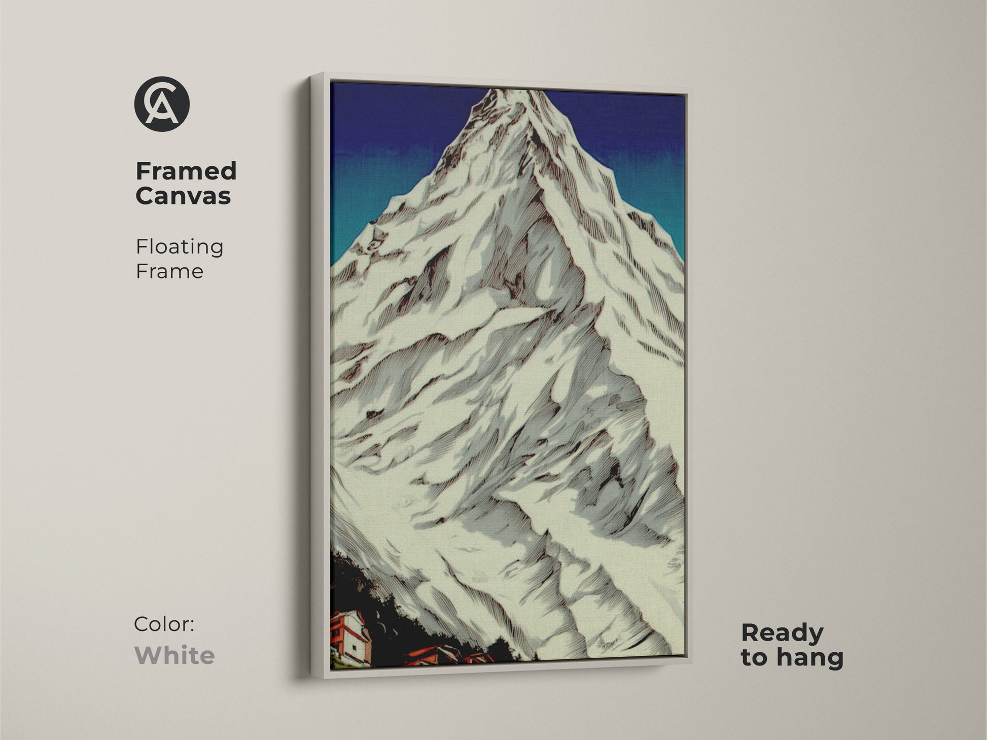 Framed canvas in white featuring Snowy Peaks art. The rustic village art is ready to hang. The piece enhances cozy home art. Perfect linocut landscape for outdoor enthusiasts and serves as a housewarming gift. Consider this nature wall hanging.