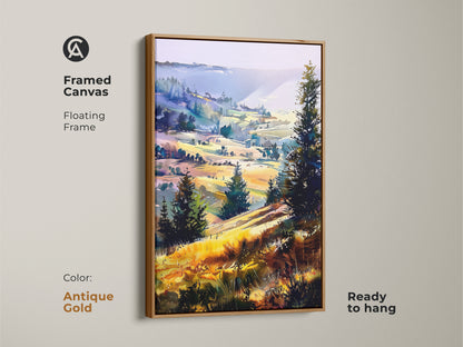 Antique gold framed canvas of a boho landscape. This impressionistic hills and trees artwork is a scenic view wall art. The yellow green purple nature art is ready to hang and perfect as a housewarming gift.
