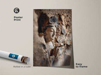 This poster print showcases a Buddha statue artwork. Rolled in a tube it's easy to frame. The terracotta beige wall decor adds a spiritual touch. This ancient cave sculpture art is unique.