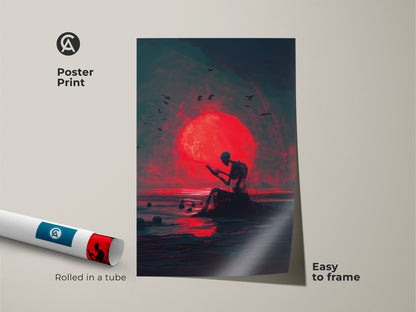Poster print of a skeleton reading a book beneath a large red moon. The art style is dark and surreal. This museum-quality paper poster is easy to frame. It arrives rolled safely in a tube.