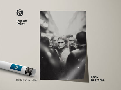 Enhance your home with monochrome street photography. This woman portrait art print is easy to frame. It comes rolled in a tube for protection. Ideal for contemporary bedroom decor or modern living room canvas. This black and white wall art adds an aesthetic touch to any space. A perfect photography gift for her.