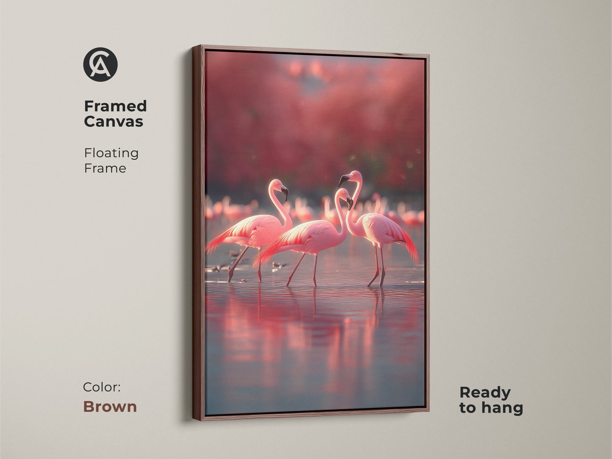 Framed canvas flamingo artwork in a brown floating frame ready to hang. Rose coral tones bring coastal charm to your space. A wildlife animal gift for bird lovers. The tropical bird wall decor enhances your home. This pink flamingo canvas art adds a serene touch. Ideal for beach house interiors.