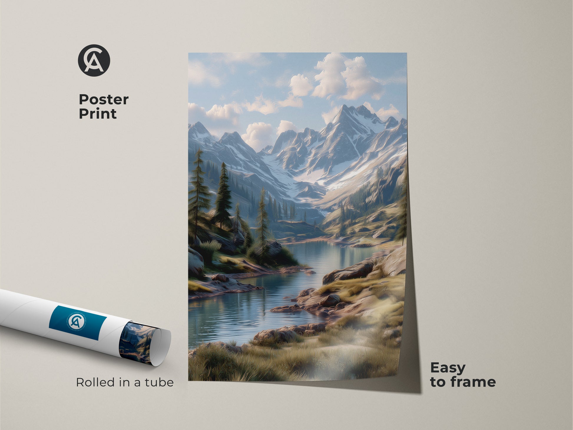 Museum-quality poster print featuring a stunning mountain lake scene. This easy-to-frame artwork arrives rolled in a tube. The landscape painting captures the beauty of nature. Ideal for adding a touch of serenity to your home decor. Perfect wall art for any space.