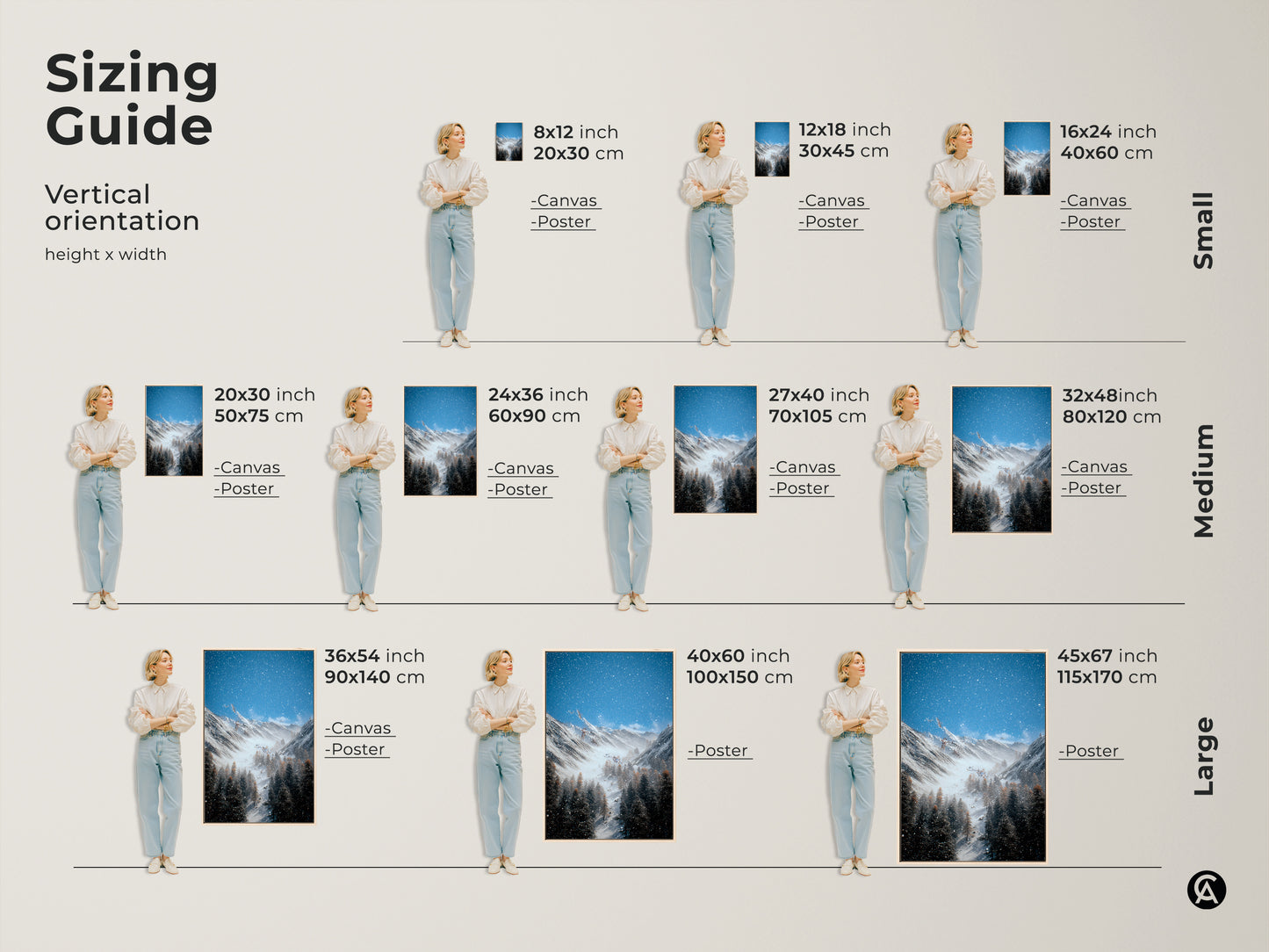 Discover the perfect size for your winter mountain canvas print. This sizing guide shows vertical orientations for canvas and poster options. See how the rustic landscape wall art fits in different spaces. Choose from small medium or large sizes to suit your bedroom decor or cabin wall hanging. High resolution nature prints available.