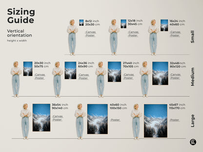 Discover the perfect size for your winter mountain canvas print. This sizing guide shows vertical orientations for canvas and poster options. See how the rustic landscape wall art fits in different spaces. Choose from small medium or large sizes to suit your bedroom decor or cabin wall hanging. High resolution nature prints available.