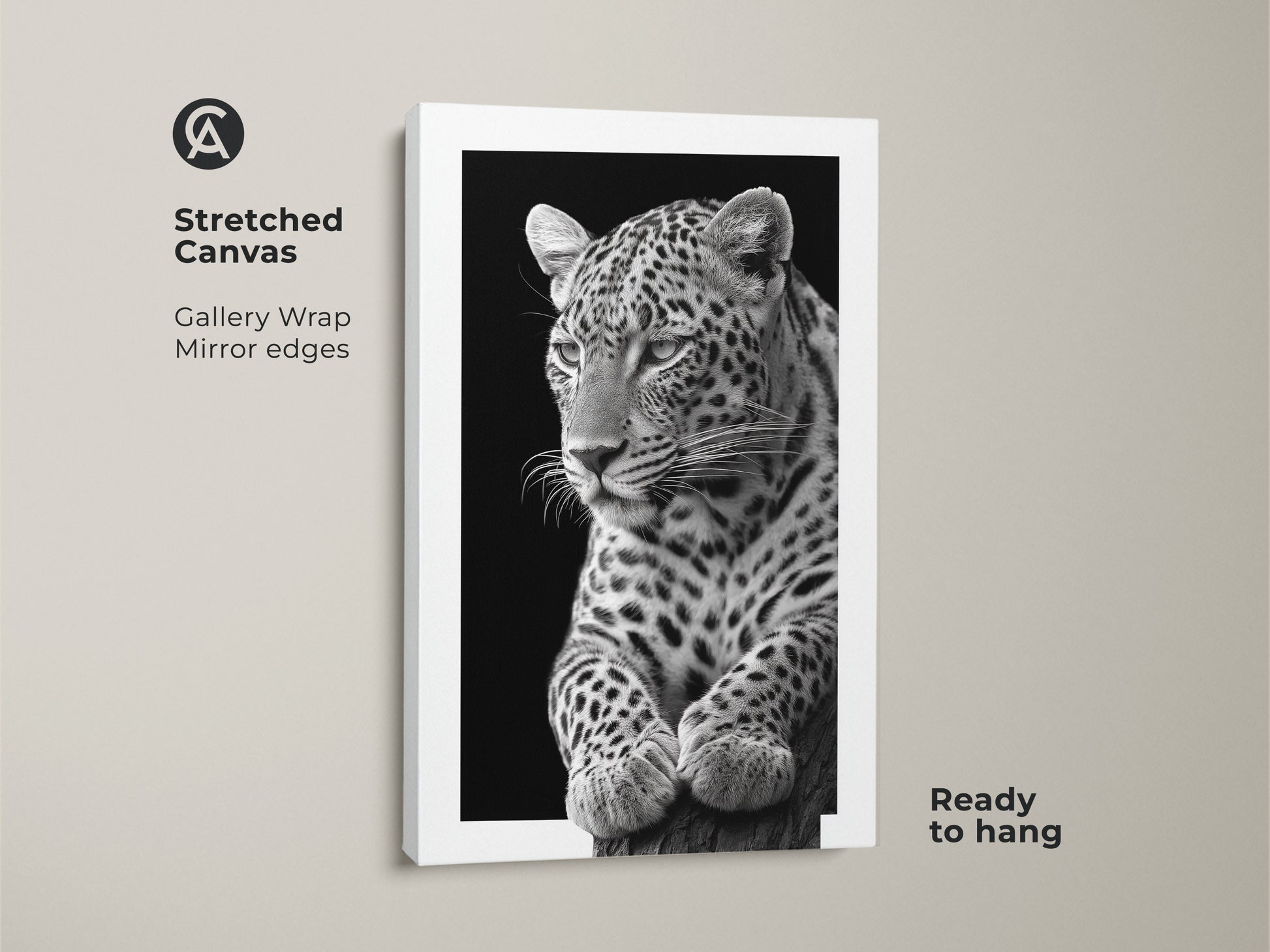 Stretched canvas featuring a monochrome leopard artwork. The realistic animal print has gallery wrapped mirror edges. Ready to hang this black and white leopard canvas adds modern touch. Buy today!